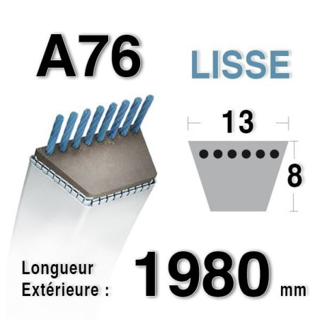 Courroie A76 13 mm x 8 mm Longueur extérieure 1980 mm