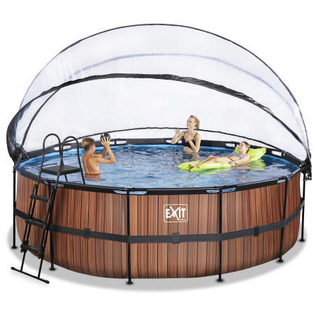 EXIT Piscine couverte Wood ø450x122cm avec pompe de filtration à sable et à chaleur - marron