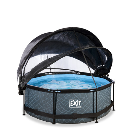 EXIT Piscine couverte Stone ø244x76cm avec voile d'ombrage et pompe filtrante - grise