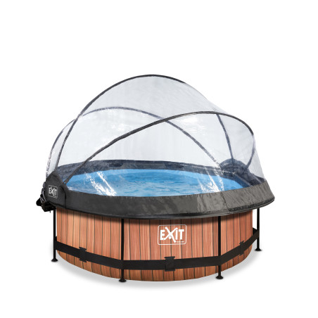 EXIT Piscine couverte Wood ø244x76cm avec voile d'ombrage et pompe filtrante - marron