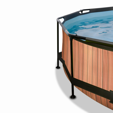 EXIT Piscine couverte Wood ø244x76cm avec voile d'ombrage et pompe filtrante - marron