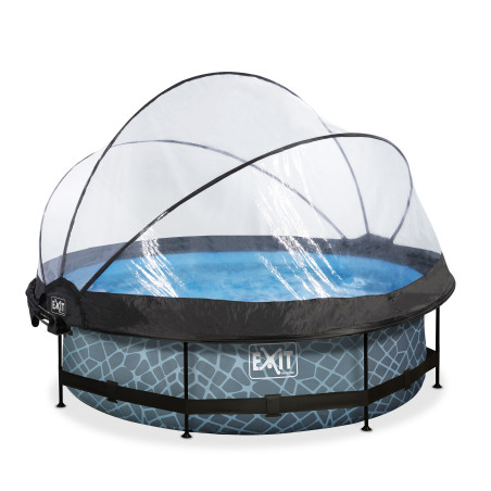 EXIT Piscine couverte Stone ø300x76cm avec voile d'ombrage et pompe filtrante - grise
