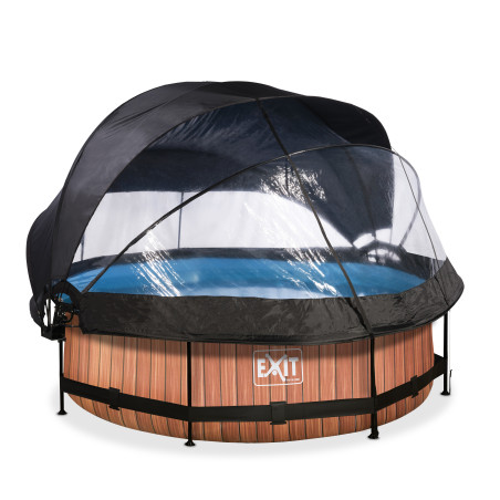 EXIT Piscine couverte Wood ø300x76cm avec voile d'ombrage et pompe filtrante - marron