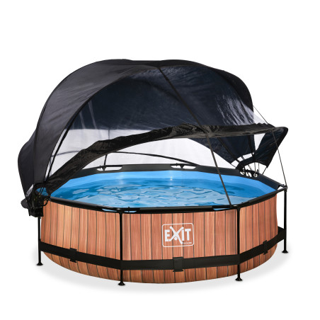 EXIT Piscine couverte Wood ø300x76cm avec voile d'ombrage et pompe filtrante - marron