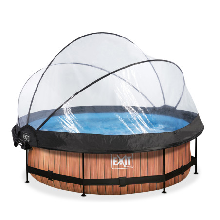 EXIT Piscine couverte Wood ø300x76cm avec voile d'ombrage et pompe filtrante - marron