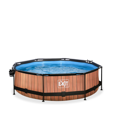 EXIT Piscine couverte Wood ø300x76cm avec voile d'ombrage et pompe filtrante - marron