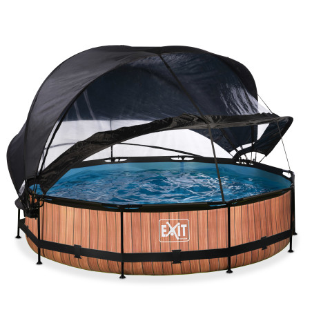 EXIT Piscine couverte Wood ø360x76cm avec voile d'ombrage et pompe filtrante - marron