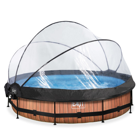 EXIT Piscine couverte Wood ø360x76cm avec voile d'ombrage et pompe filtrante - marron