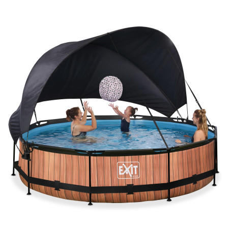 EXIT Piscine Wood ø360x76cm avec voile d'ombrage et pompe filtrante - marron