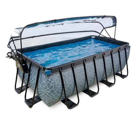 EXIT Piscine couverte Stone 400x200x122cm avec pompe filtrante à sable et à chaleur - grise