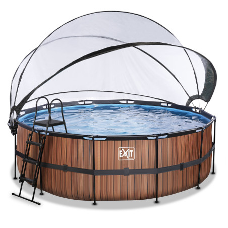 EXIT Piscine couverte Wood ø427x122cm avec pompe filtrante à sable et à chaleur - marron