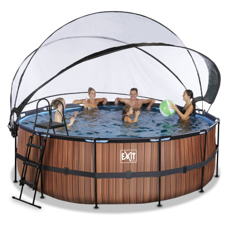 EXIT Piscine couverte Wood ø427x122cm avec pompe filtrante à sable et à chaleur - marron
