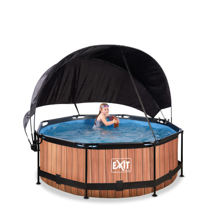 EXIT Piscine Wood ø244x76cm avec voile d'ombrage et pompe filtrante - marron
