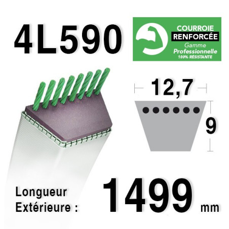 COURROIE KEVLAR 4L590 - 4L59 - MTD 7540245 / 754-0245 - JOHN DEERE M73478 - STIGA 1134-9031-01, 9585-0072-00 - WHEELHORSE 8430
