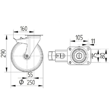 Roulettes pour charges lourdes à bandage en polyuréthane TENTE 4687ITP250P63