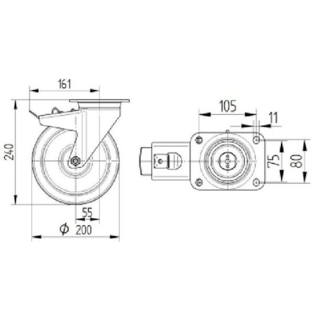 Roulettes pour charges lourdes à bandage en polyuréthane TENTE 4687ITP200P63