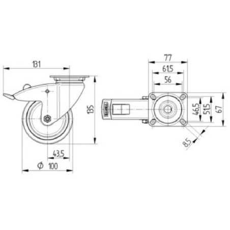 Roulettes pivotantes en acier inoxydable à platine de fixation TENTE 7477PJC100P50
