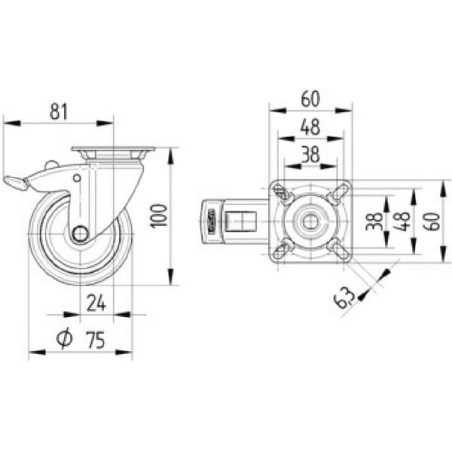 Roulettes pivotantes en acier inoxydable à platine de fixation TENTE 7477PJC075P40
