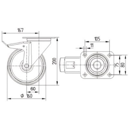 Roulettes pivotantes en acier inoxydable à bandage en matière synthétique TENTE 8477UOO160P63